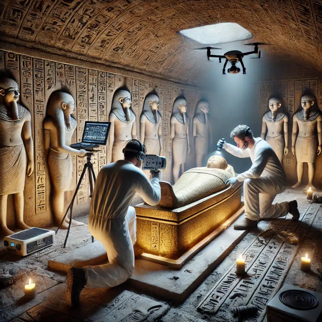Des archéologues examinent un sarcophage dans un tombeau égyptien en utilisant un scanner 3D et un drone. Les murs ornés de hiéroglyphes avertissent contre le pillage, illustrant l’union entre technologie moderne et préservation historique.