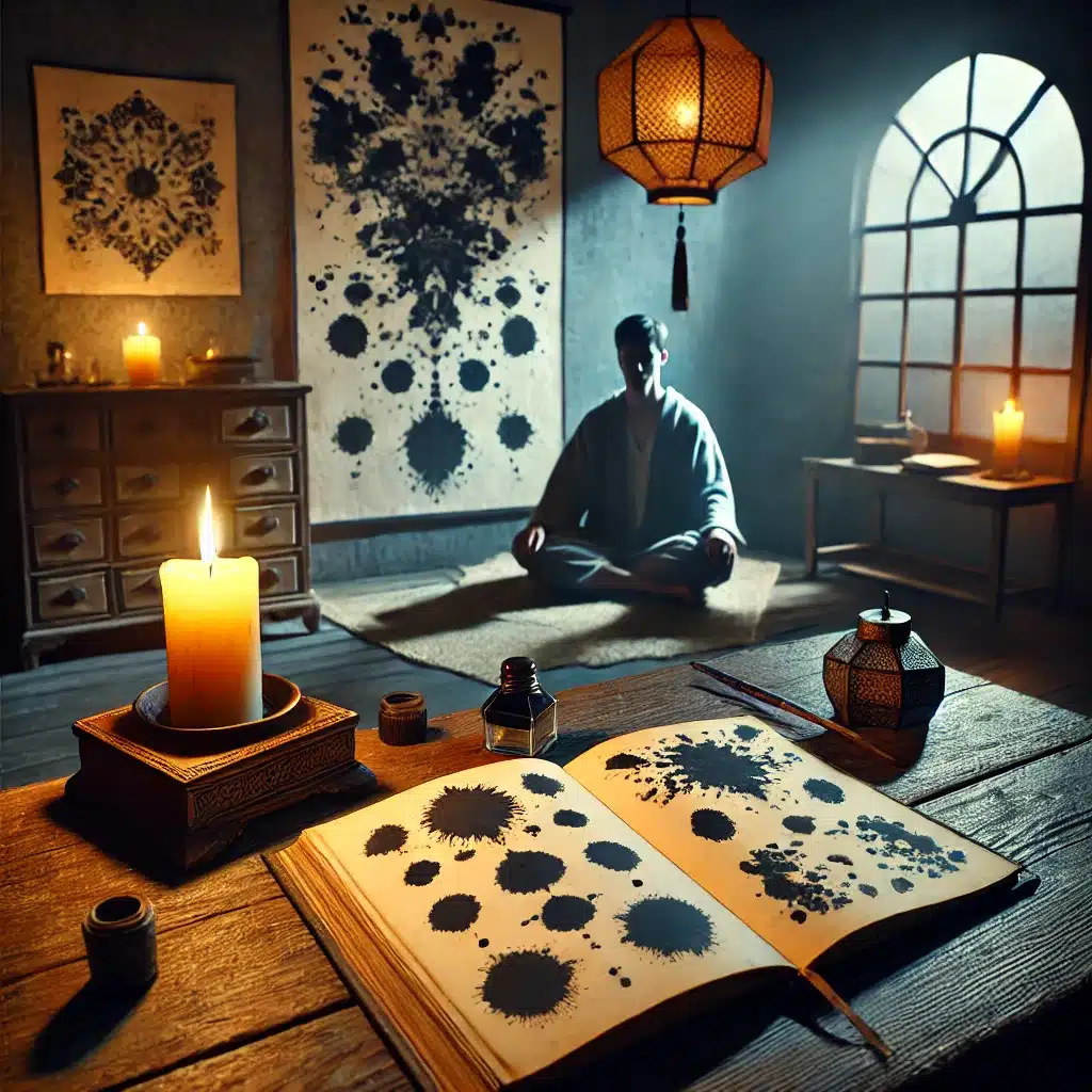 Espace spirituel pour la pratique de l’encromancie – Ambiance calme avec bougies et méditation avant une séance de divination