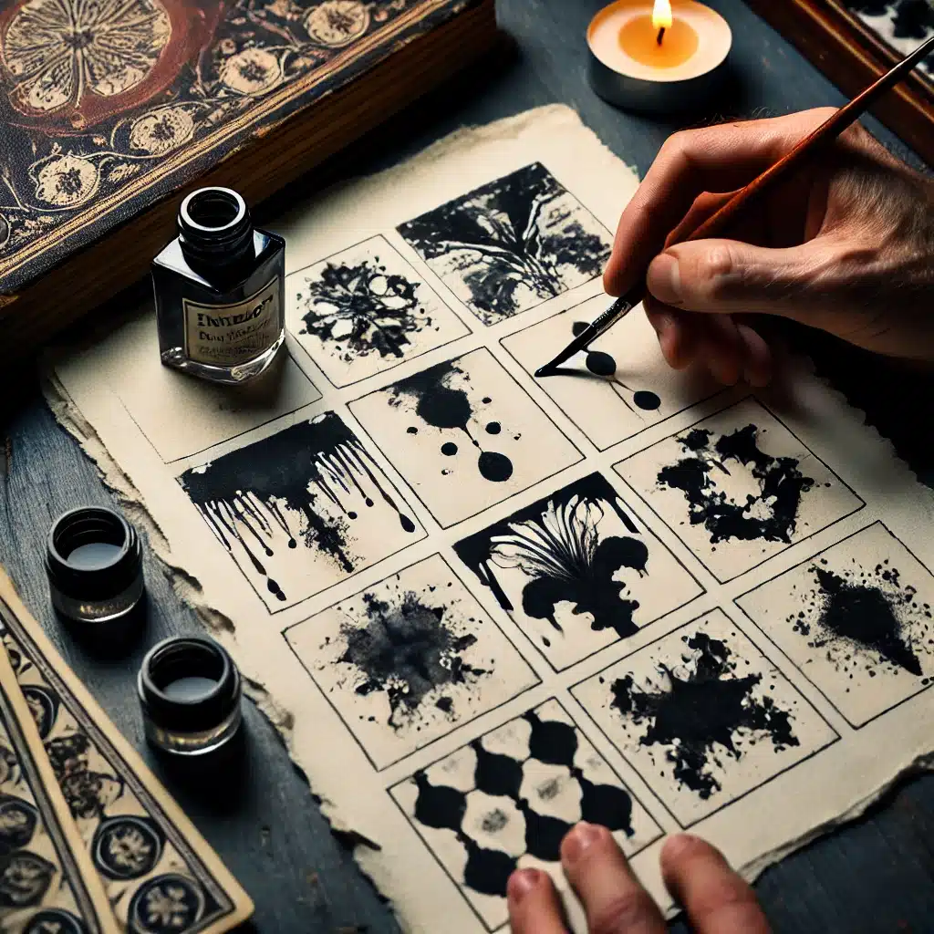 Processus de création d’une tache d’encre en encromancie – Étape par étape pour interpréter les motifs mystiques.