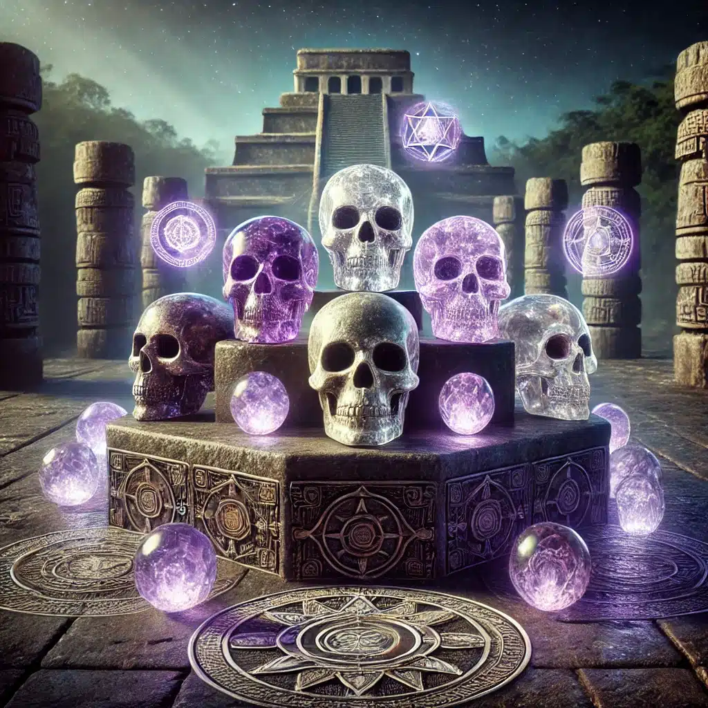 Crânes de cristal flottant dans l’espace, reliés à la Terre par des lignes énergétiques cosmiques, symbolisant leur origine extraterrestre et leur lien avec l’Atlantide.