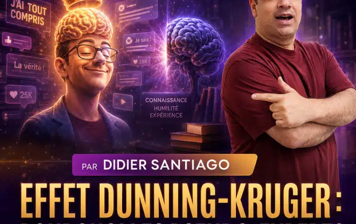 Illustration moderne de l’effet Dunning-Kruger et des pseudo-experts sur Internet, avec Didier Santiago pour le blog Infinità Corse Voyance.