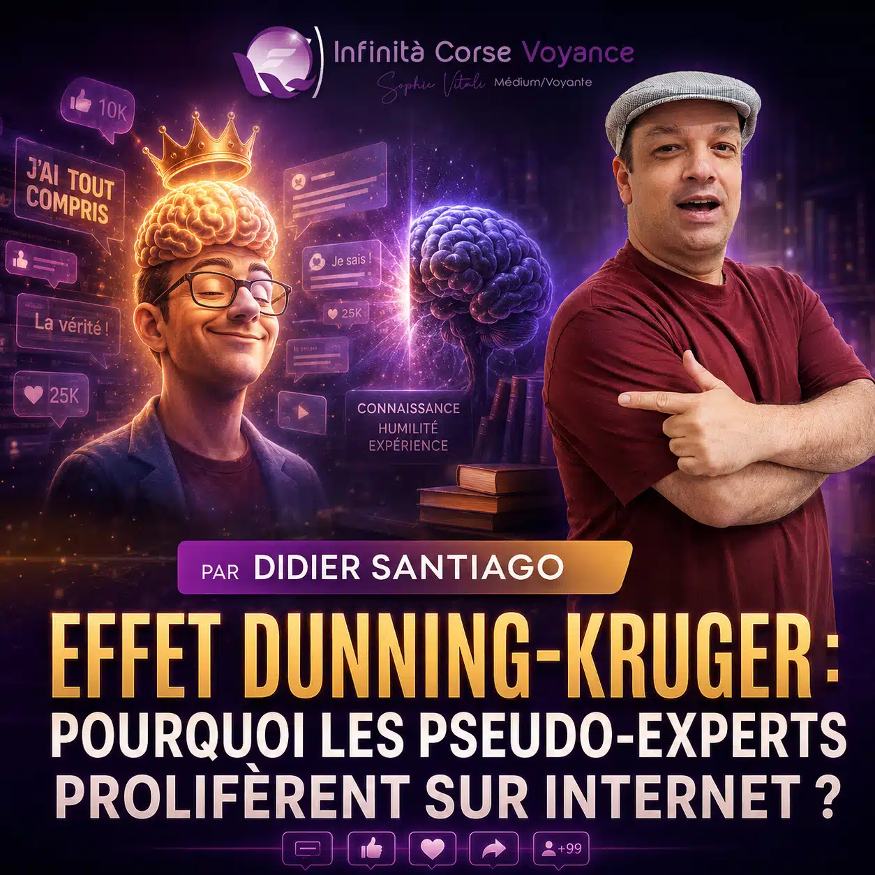 Illustration moderne de l’effet Dunning-Kruger et des pseudo-experts sur Internet, avec Didier Santiago pour le blog Infinità Corse Voyance.