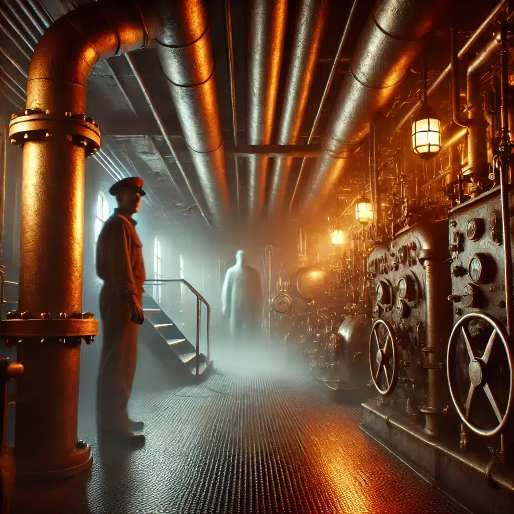 Image réaliste de la salle des chaudières du paquebot Queen Mary, où des phénomènes paranormaux sont associés à l’ingénieur John Pedder, mort tragiquement à bord. Présence de zones froides, d’ombres floues et d’une ambiance industrielle pesante.