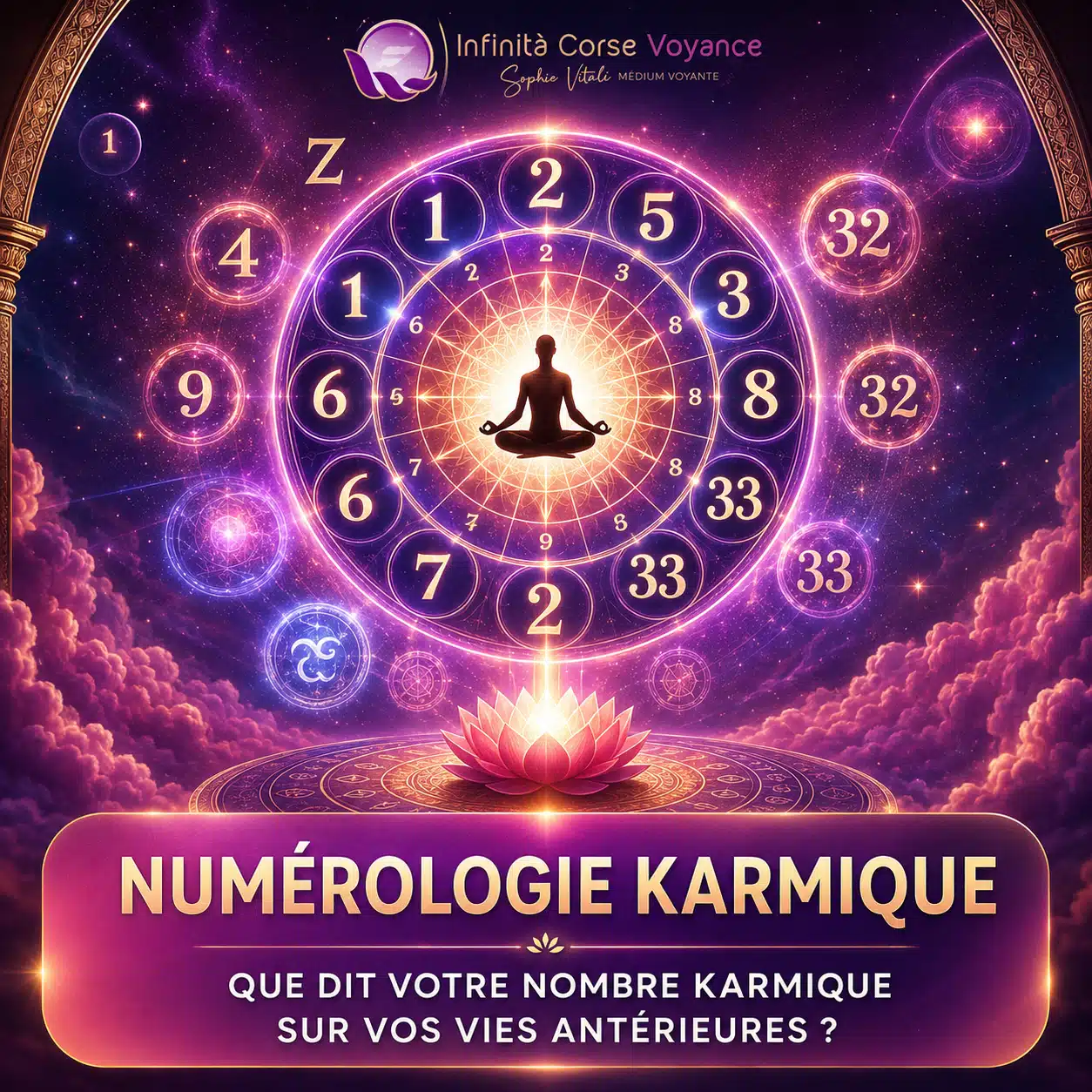 Nombre karmique en numérologie : cercle de nombres et silhouette en méditation