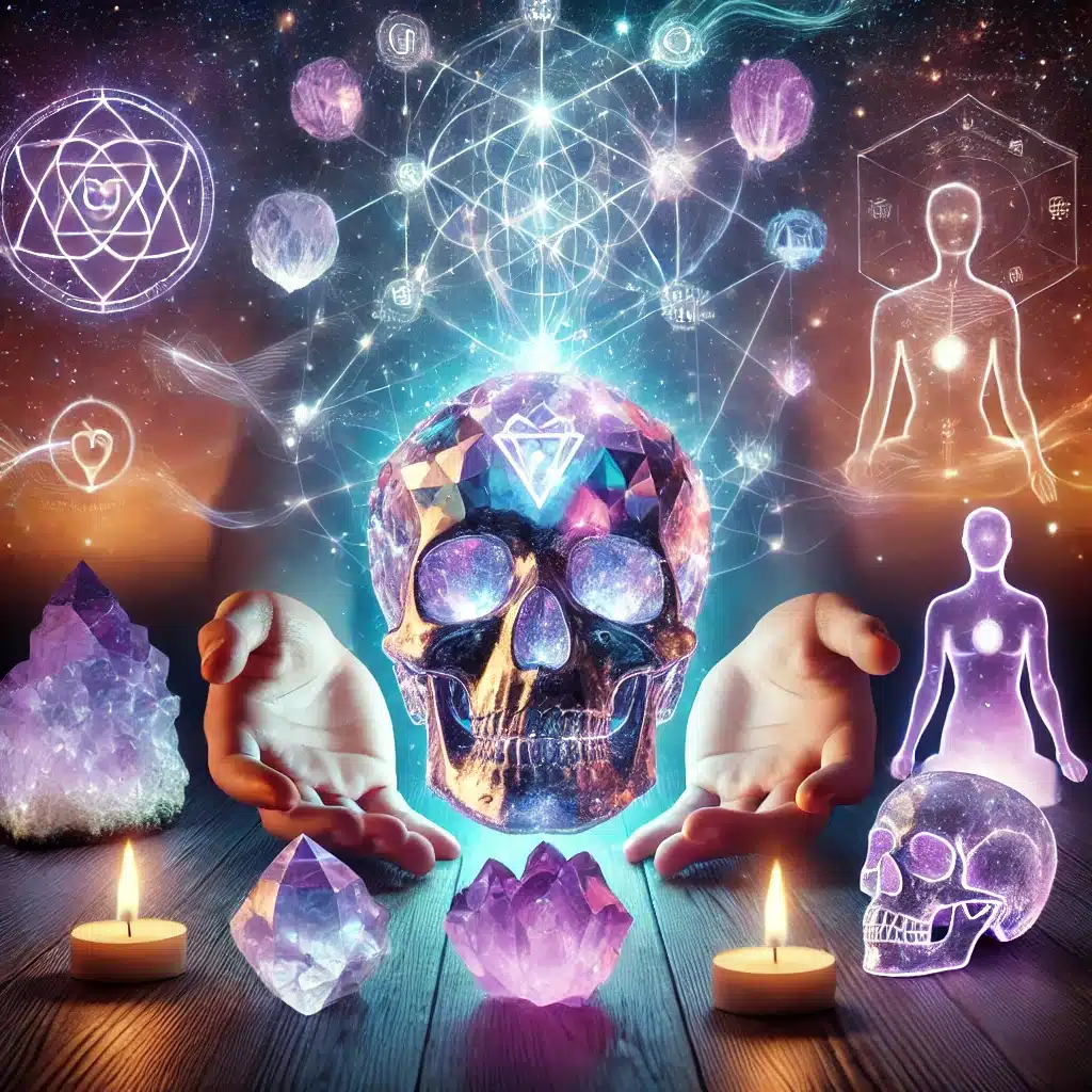 Crânes de cristal en quartz et améthyste utilisés en méditation et en soins énergétiques, rayonnant des ondes de guérison vibratoire dans un cadre spirituel.