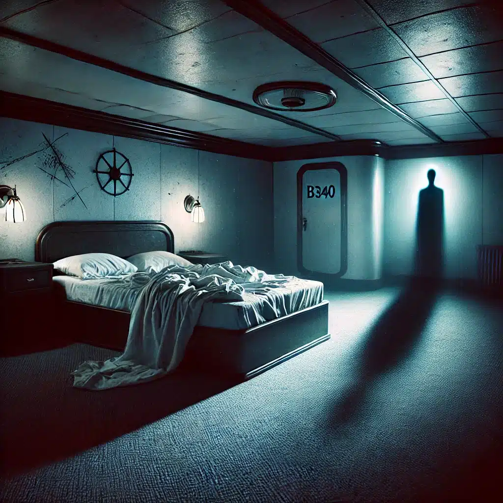 Image réaliste de la cabine B340 du Queen Mary, réputée pour ses phénomènes paranormaux, silhouettes sombres et énergies résiduelles violentes.