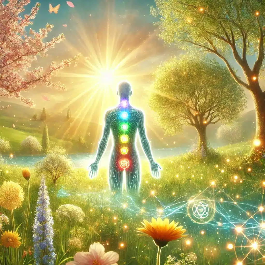 Silhouette humaine recevant l'énergie du soleil au levier du jour, entourée de nature printanière en floraison, avec chakras alignés et lumineux, symbolisant le renouveau énergétique du printemps.