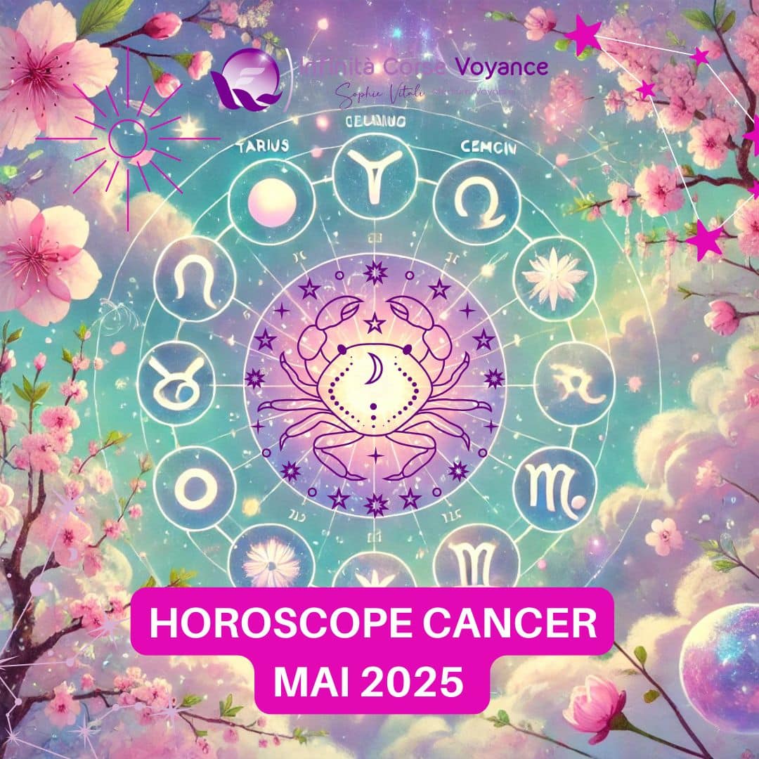 Illustration de l'horoscope Cancer pour Mai 2025 : cercle astrologique, signe du Cancer au centre, ciel pastel fleuri, symbole de la voyance Sophie Vitali.