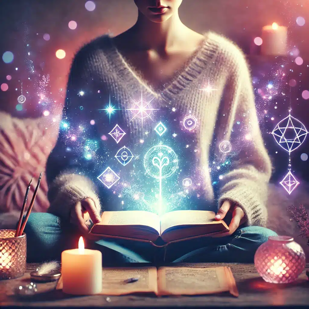 Personne assise dans un espace cosy, tenant un livre ouvert aux pages lumineuses avec des symboles mystiques flottants, illustrant le rituel magique de bibliomancie pour débutants.