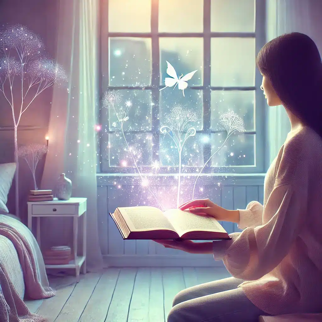 Jeune femme assise près d'une fenêtre, tenant un livre ouvert d'où s'élèvent des lumières magiques, symbolisant la lecture intuitive de l'avenir à travers les livres, sur fond pastel violet, bleu et rose.