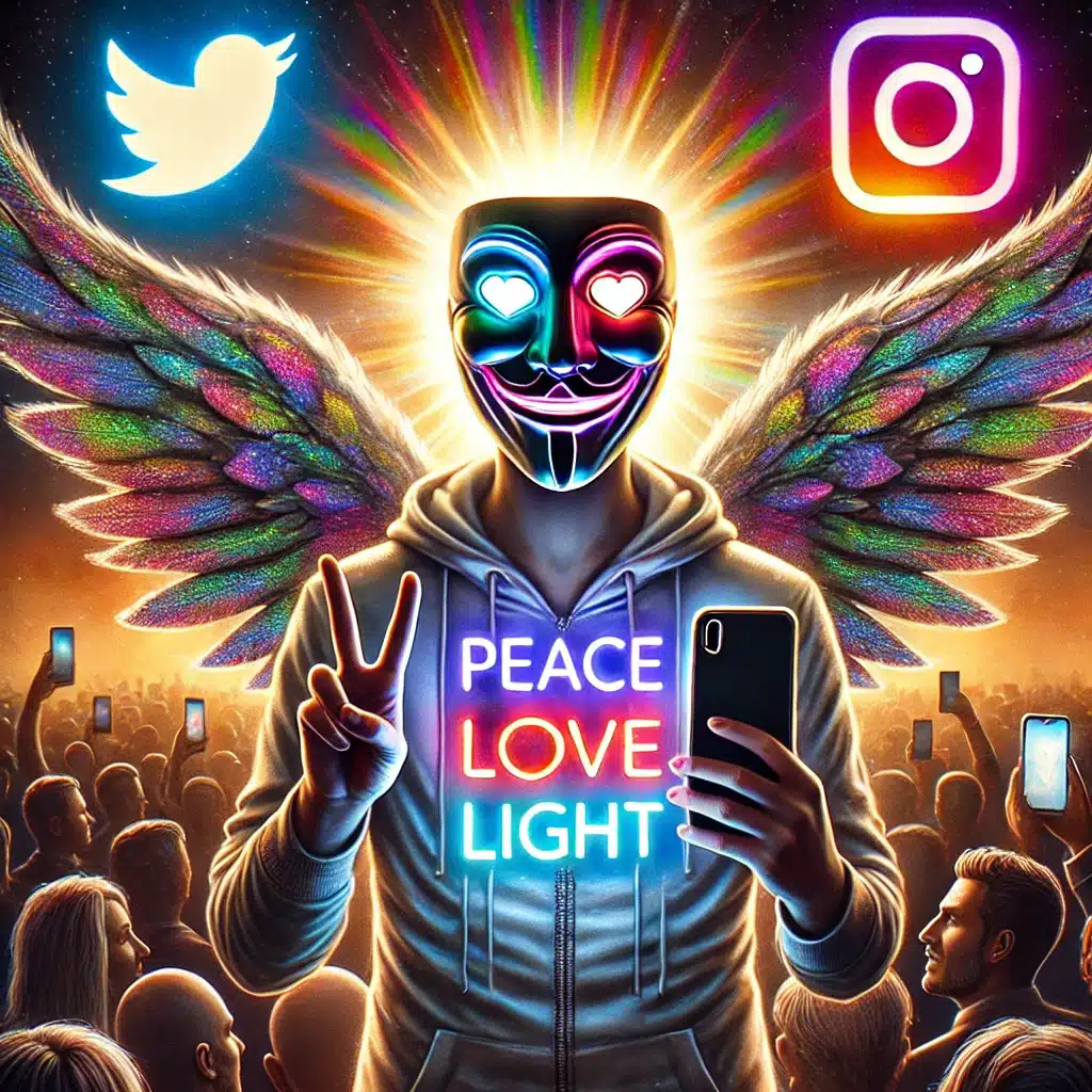 Illustration symbolique d'une figure masquée avec des ailes d'ange, affichant "Paix, Amour, Lumière" sur fond de réseaux sociaux, représentant la fausse bienveillance et la manipulation dans le monde de la voyance.