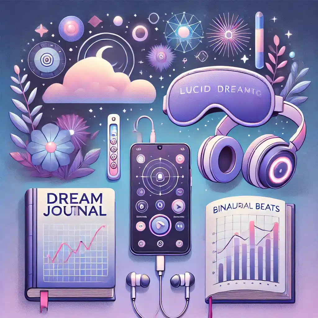 Outils pour provoquer les rêves lucides : journal de rêve, application mobile, masque lumineux, écouteurs et livre sur les ondes binaurales dans un univers onirique violet et rose