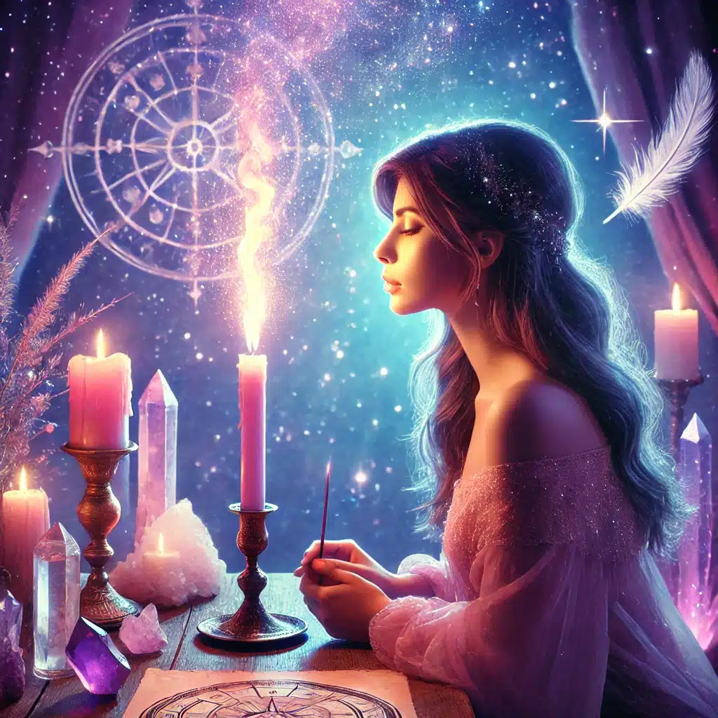 Femme intuitive en robe violette méditant devant une bougie, concentrée sur la flamme pour lire les signes de la pyromancie, entourée de cristaux et d’une aura mystique.