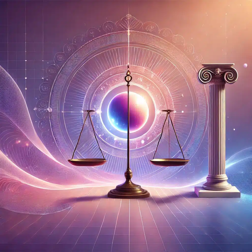 Illustration symbolique du stoïcisme avec une balance équilibrée, une colonne grecque et une sphère lumineuse sur fond violet, bleu et rose, représentant l’harmonie entre philosophie et spiritualité.
