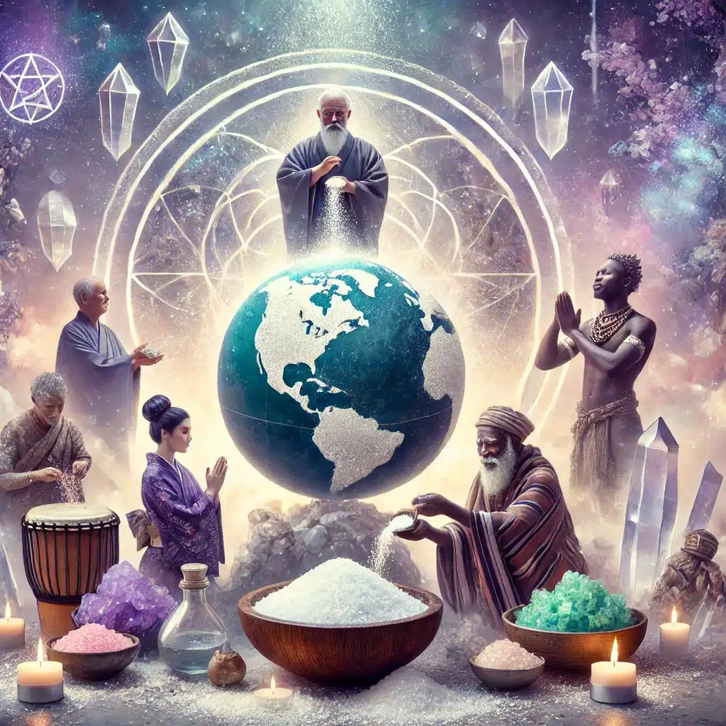 Illustration spirituelle montrant des cultures du monde utilisant le sel dans des rituels sacrés autour de la Terre, dans une atmosphère lumineuse et mystique.
