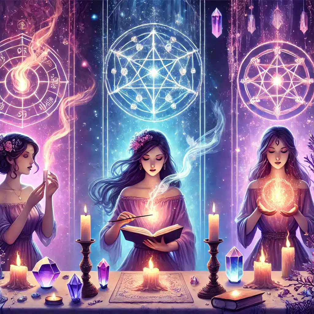 Trois femmes représentant les variantes de la pyromancie : lecture de la fumée (capnomancie), observation de la flamme (lampadomancie) et interprétation des braises (empléchomancie), dans une ambiance mystique aux couleurs violettes.