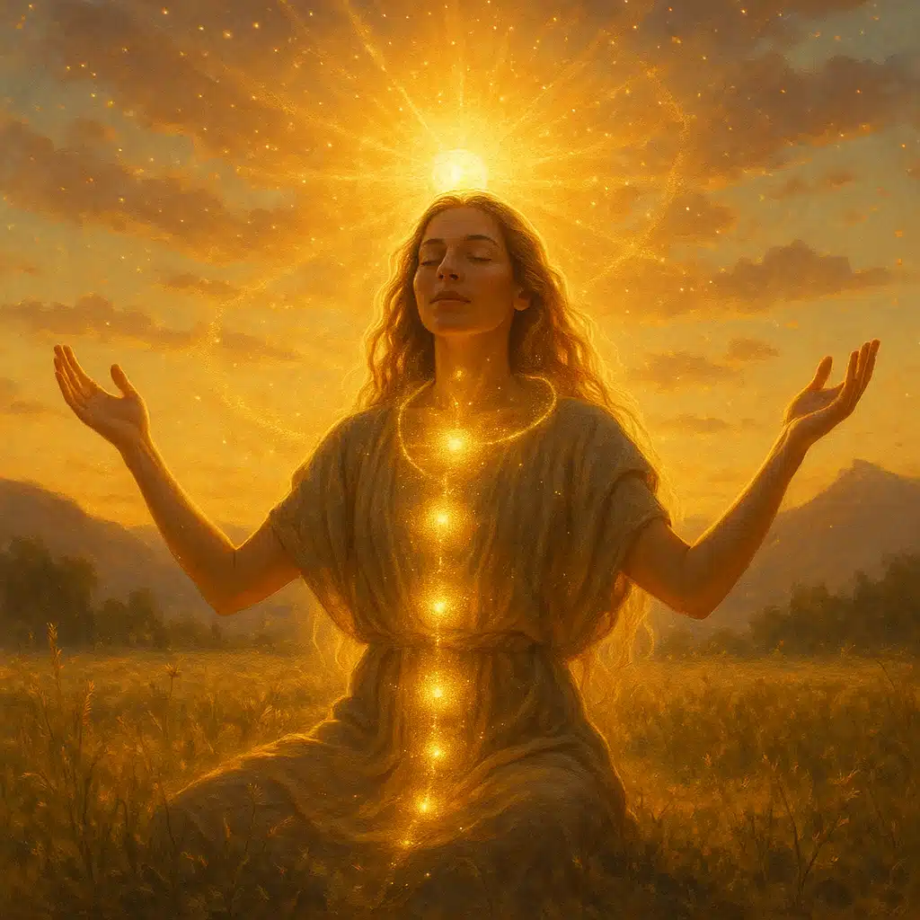Femme méditant en pleine nature au lever du soleil, les bras ouverts, entourée de lumière dorée activant les chakras dans un bain de soleil énergétique