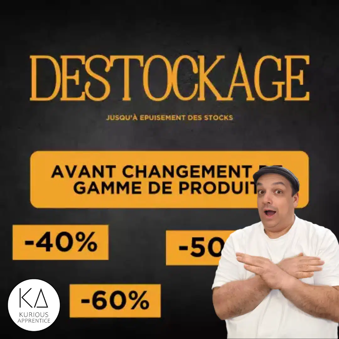 Didier Santiago présente une offre de destockage Kurious Apprentice avec réductions de -40 %, -50 %, -60 % avant renouvellement de la gamme de produits – visuel promotionnel avec logo KA