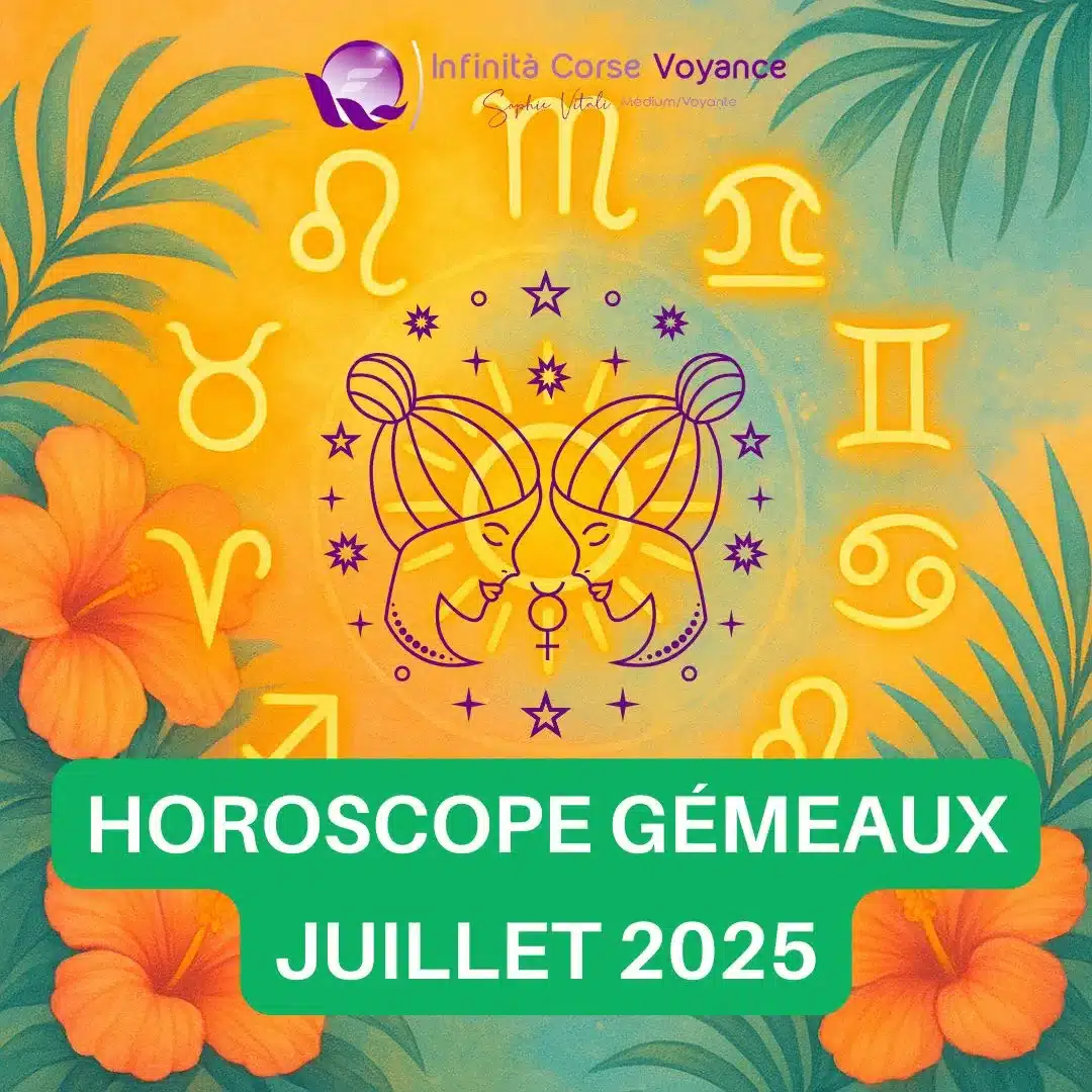 Illustration astrologique du signe Gémeaux pour l’horoscope juillet 2025, avec le cercle des signes du zodiaque sur fond estival orange et vert – Prévisions complètes par décan en amour, travail, argent, santé et spiritualité.