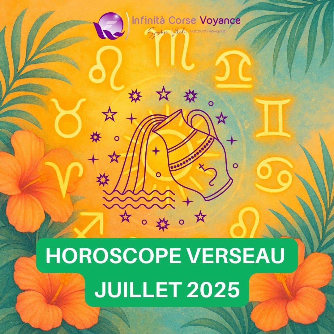 Image astrologique du signe Verseau pour l’horoscope Juillet 2025. Illustration du Verseau avec roue zodiacale et fond tropical coloré – Prévisions détaillées par décan : amour, travail, argent, santé et spiritualité.