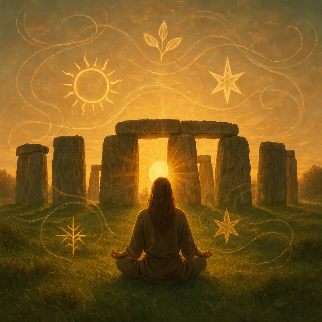 Personne en méditation face au lever du soleil devant Stonehenge lors du solstice d’été, entourée de symboles spirituels lumineux dans le ciel
