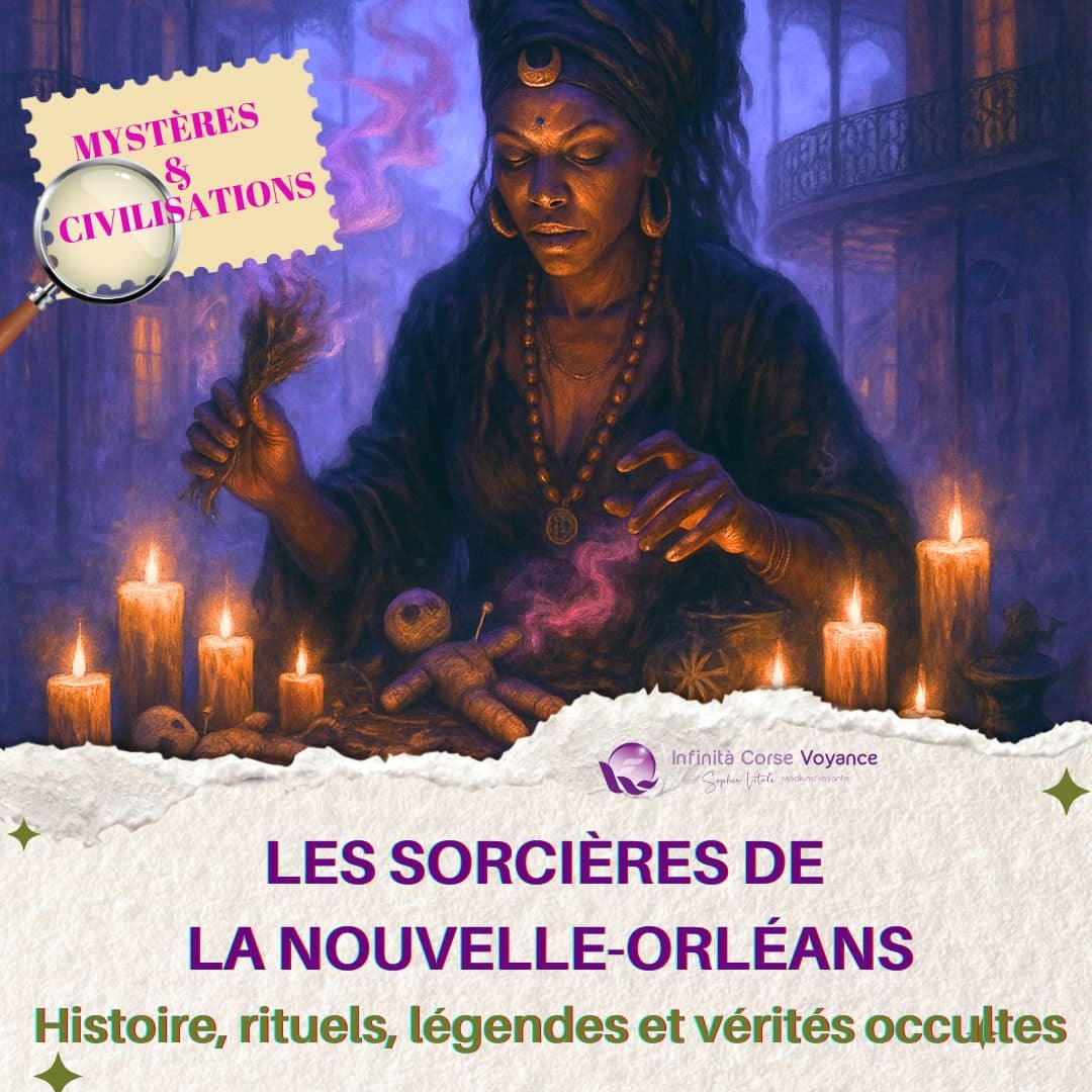 Illustration d’une sorcière vaudou de la Nouvelle-Orléans pratiquant un rituel magique, entourée de bougies, d’une poupée vaudou et d’encens dans une ambiance mystique nocturne