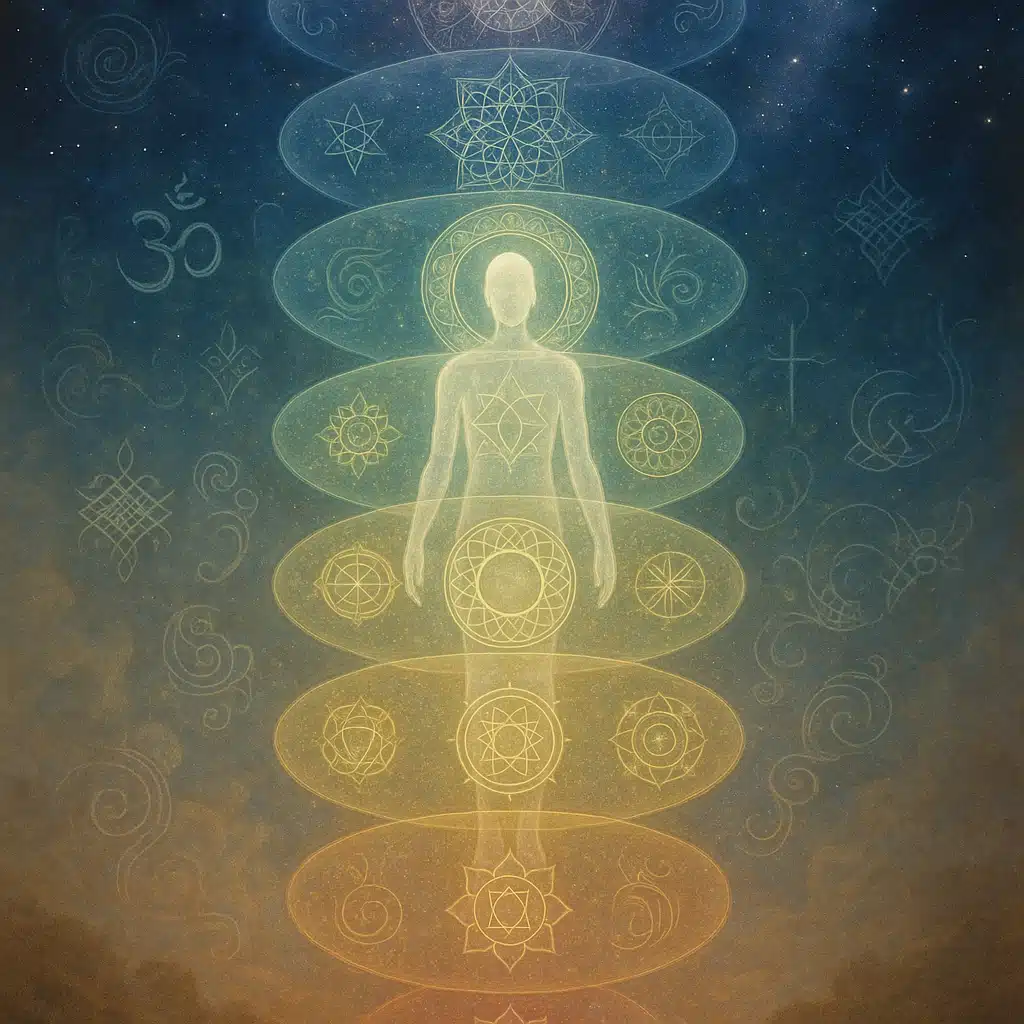 Cette image symbolique représente les origines spirituelles des 7 plans de conscience, illustrant l’élévation progressive de l’âme à travers différentes couches énergétiques. On y reconnaît des symboles sacrés issus de traditions comme les Védas, le soufisme, la mystique chrétienne et la théosophie.