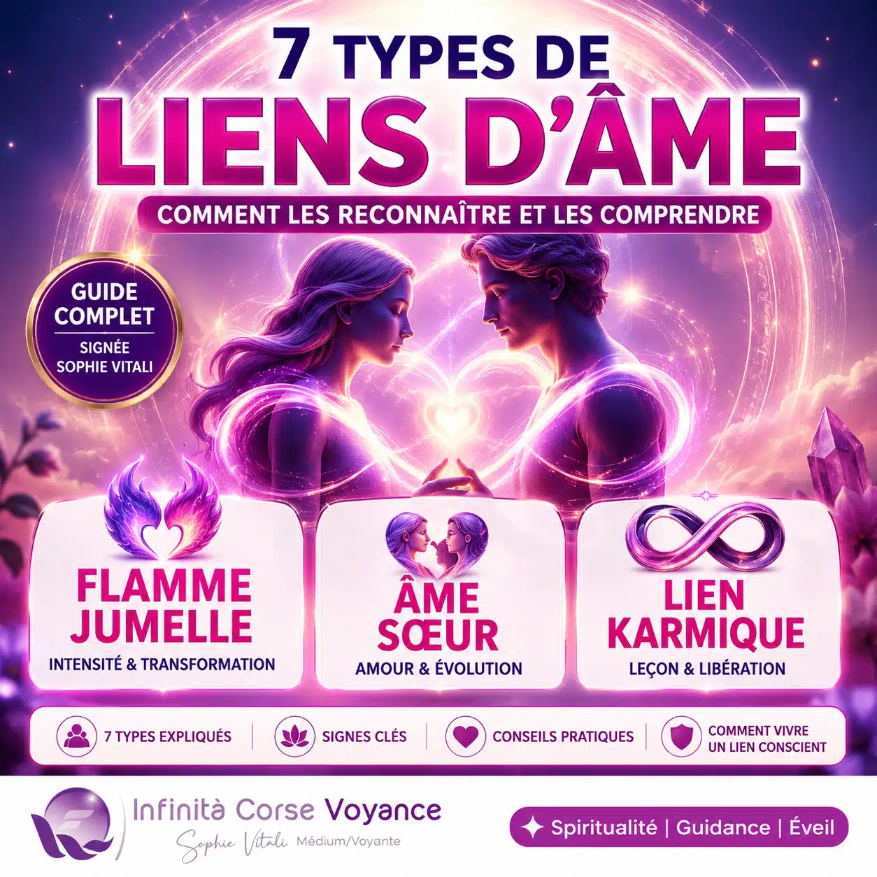 Illustration moderne des 7 types de liens d’âme avec flamme jumelle, âme sœur et lien karmique, signée Sophie Vitali pour Infinita Corse Voyance