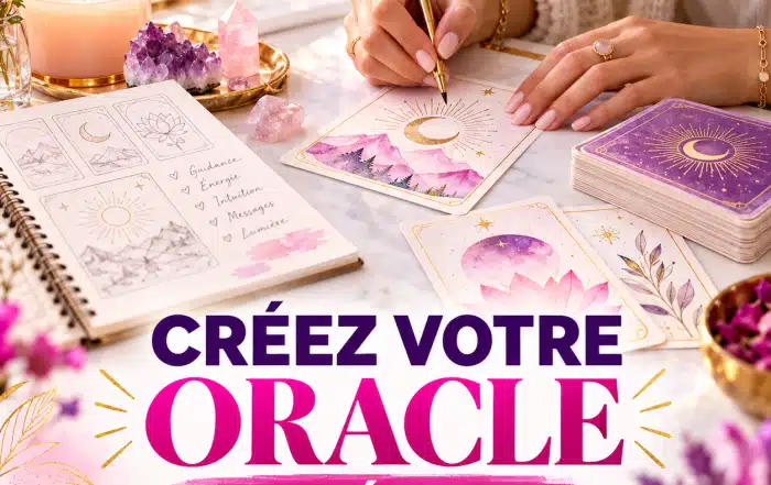 Mains d’une femme dessinant une carte d’oracle à la lune dorée sur un bureau avec carnet de création, cristaux et bougie, titre Créez votre oracle en 7 étapes, Infinità Corse Voyance