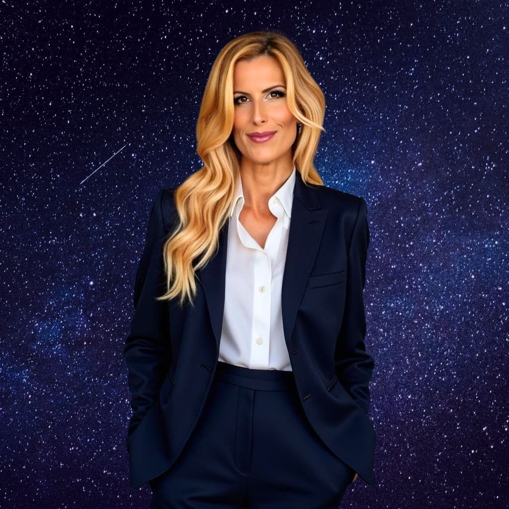 Portrait de Sophie Vitali, médium et animatrice d’émissions de voyance sur YouTube Kurious Anima et Mystik Radio, en costume bleu sur fond étoilé