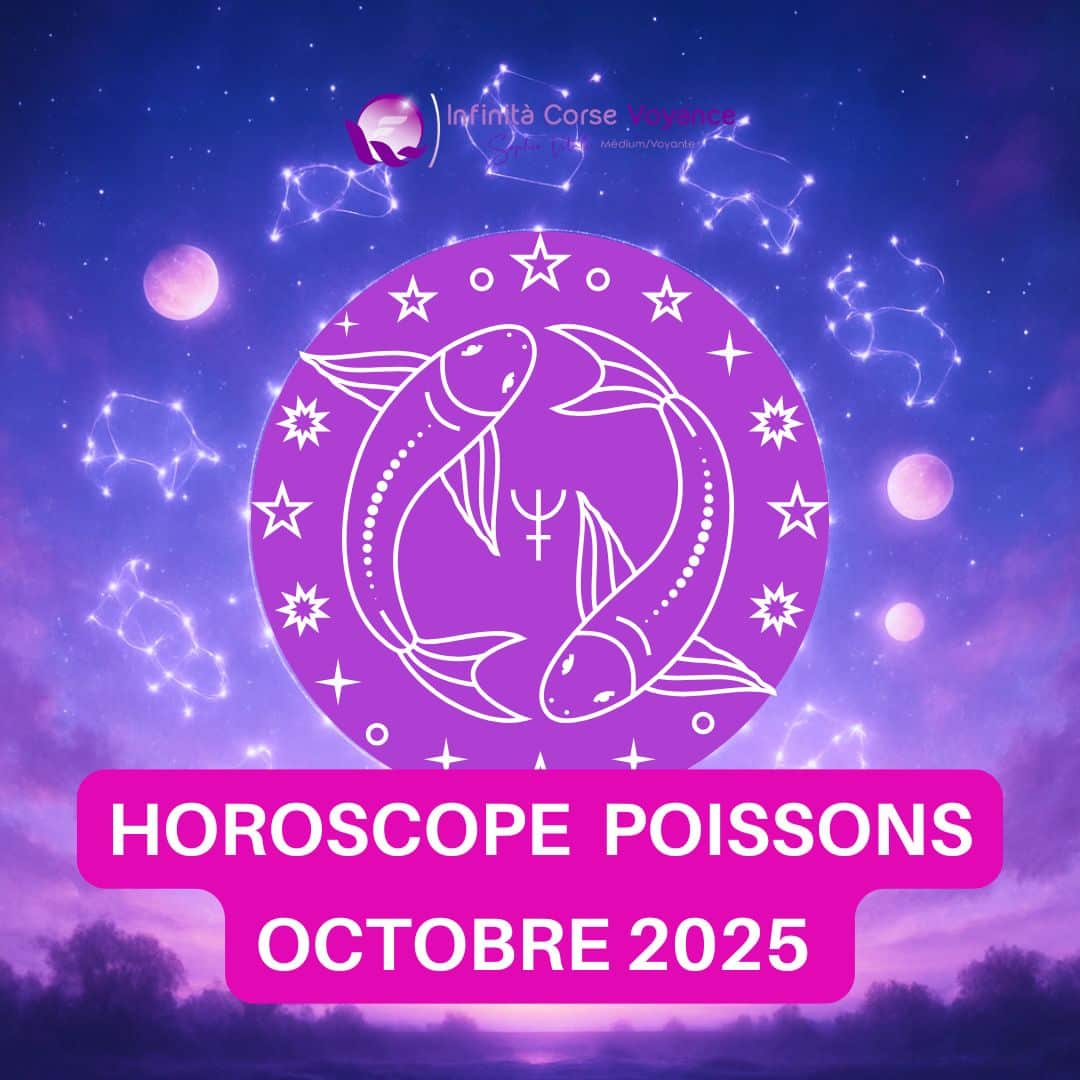 Image astrologique du signe des Poissons pour octobre 2025 avec lune, symboles zodiacaux, et ambiance spirituelle, illustration du blog de Sophie Vitali