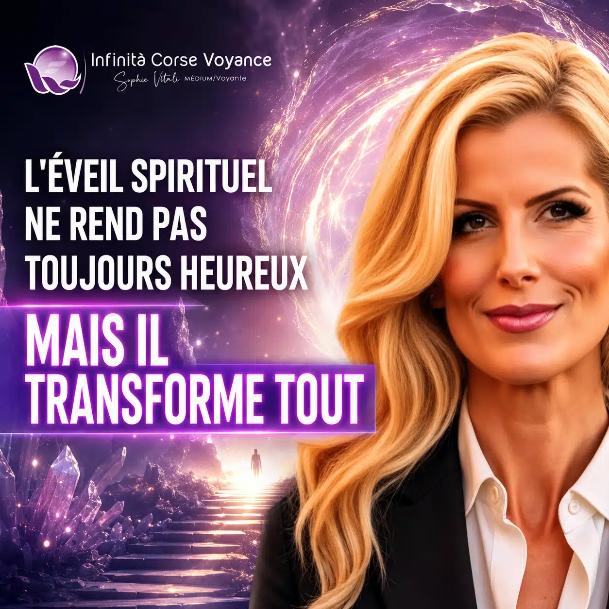Portrait de Sophie Vitali devant un passage lumineux violet symbolisant l’éveil spirituel et la transformation intérieure.