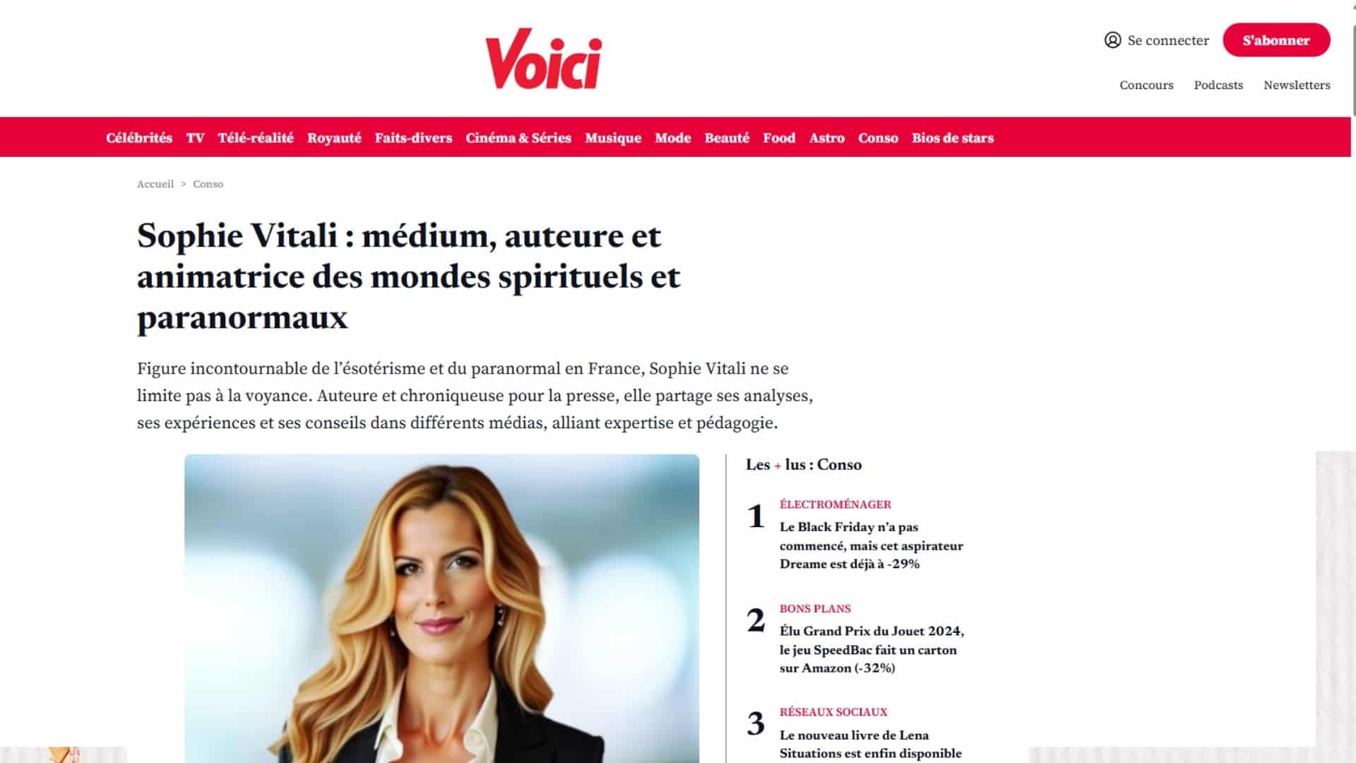 Capture d’écran de l’article du magazine Voici présentant Sophie Vitali comme médium, auteure et animatrice du monde spirituel et paranormal