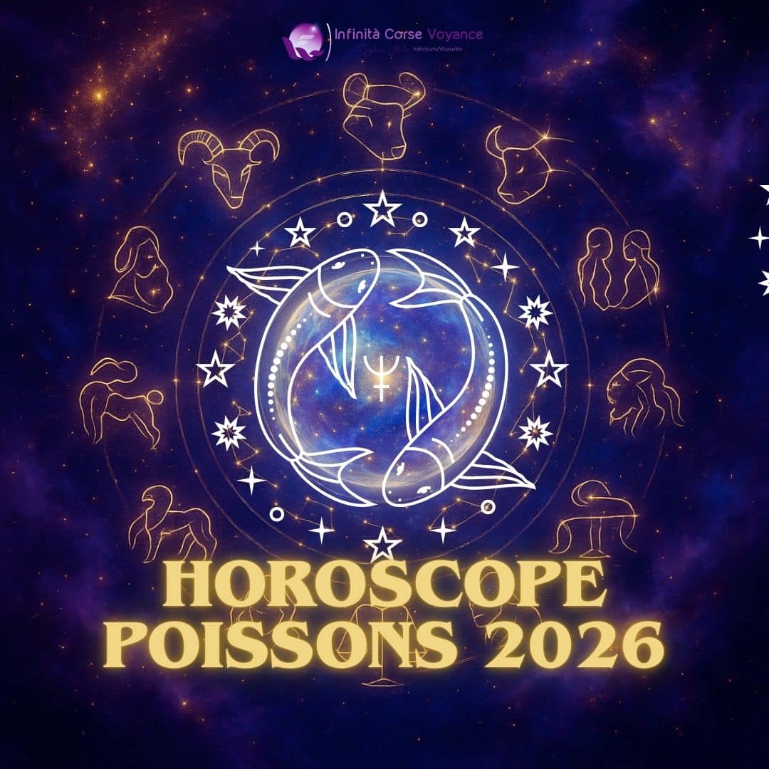 Illustration cosmique du signe astrologique des Poissons entouré du zodiaque. Image officielle du cabinet de Sophie Vitali pour l’horoscope Poissons 2026 et les prévisions astrologiques 2026.