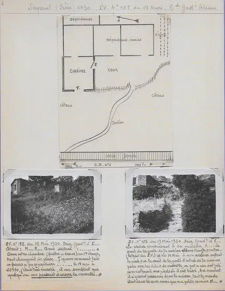 Croquis et notes manuscrites du gendarme Émile Tizané décrivant la maison de la famille Rozier à Seyssuel en Isère en 1930
