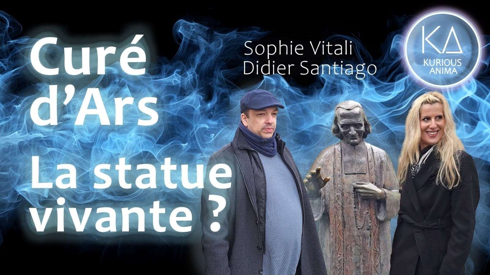 Sophie Vitali et Didier Santiago devant la statue du Curé d’Ars lors d’une émission sur le mystère de la statue vivante