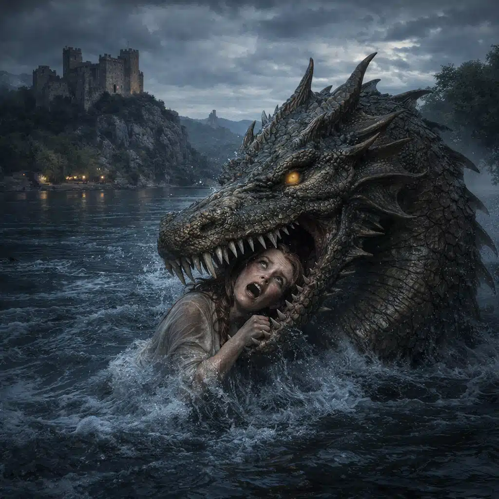 Illustration du Drac de Mondragon surgissant du Rhône près du village et de son château dans une scène légendaire sombre et spectaculaire