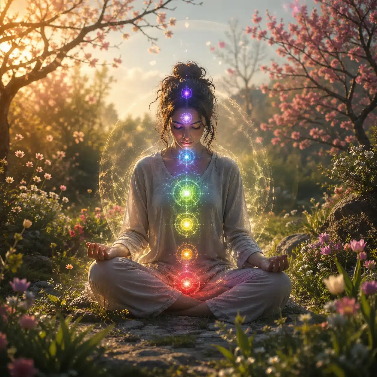 Femme méditant au printemps avec chakras lumineux, symbole de recentrage énergétique, d’équilibre intérieur et de discernement spirituel.