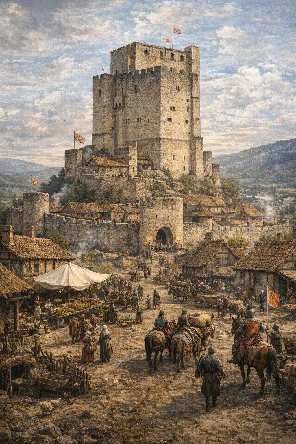 Illustration historique de la Tour de Crest au XIIe siècle, forteresse médiévale dominant le village de Crest dans la Drôme