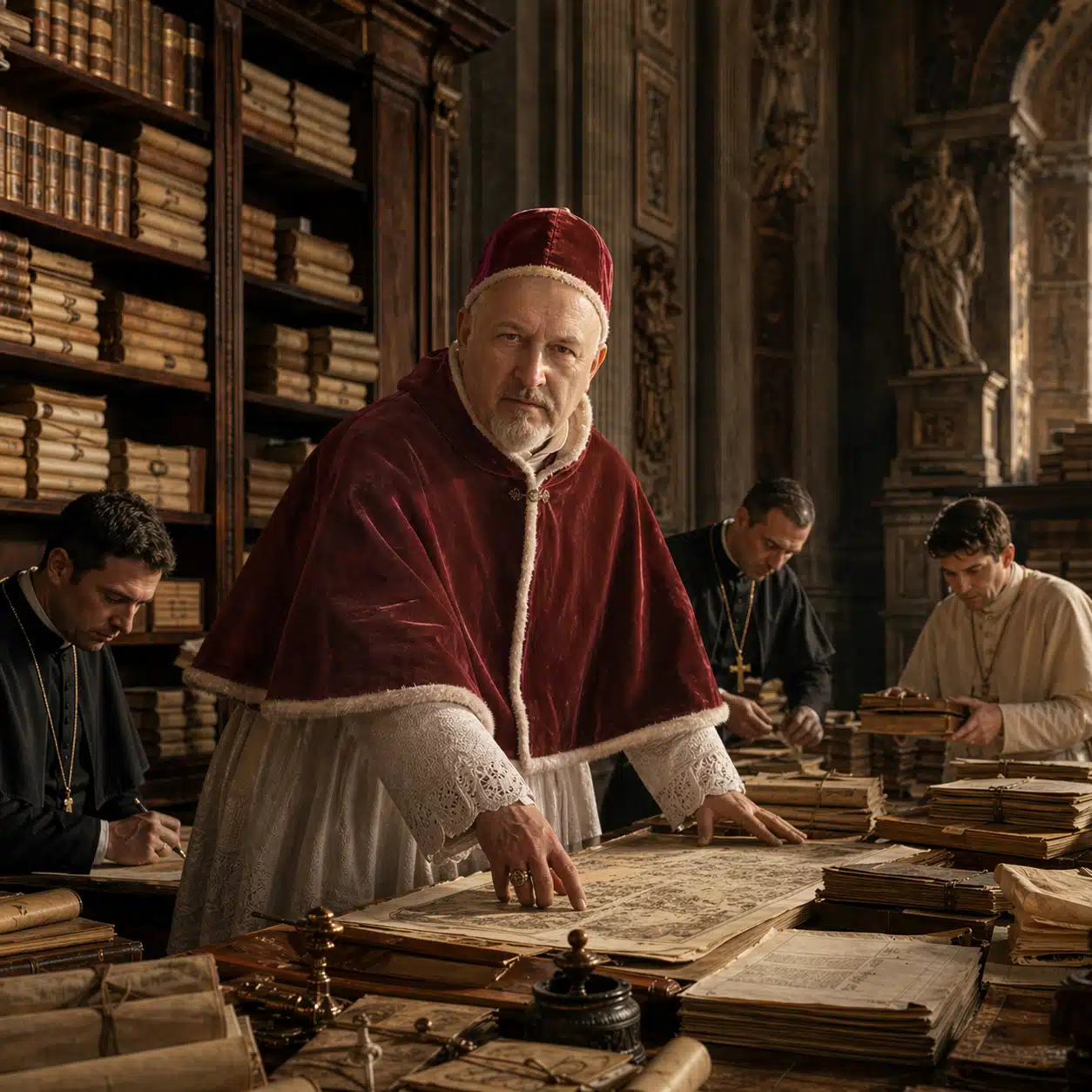 Illustration réaliste de Paul V supervisant la création officielle des archives du Vatican