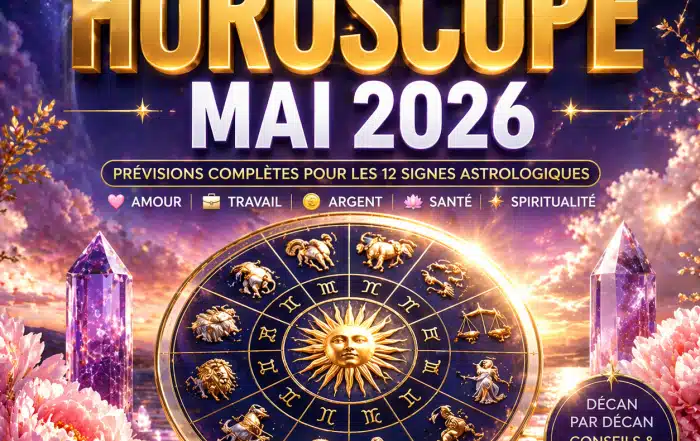Image horoscope mai 2026 avec roue astrologique dorée, cristaux violets, ciel cosmique et univers visuel Infinità Corse Voyance