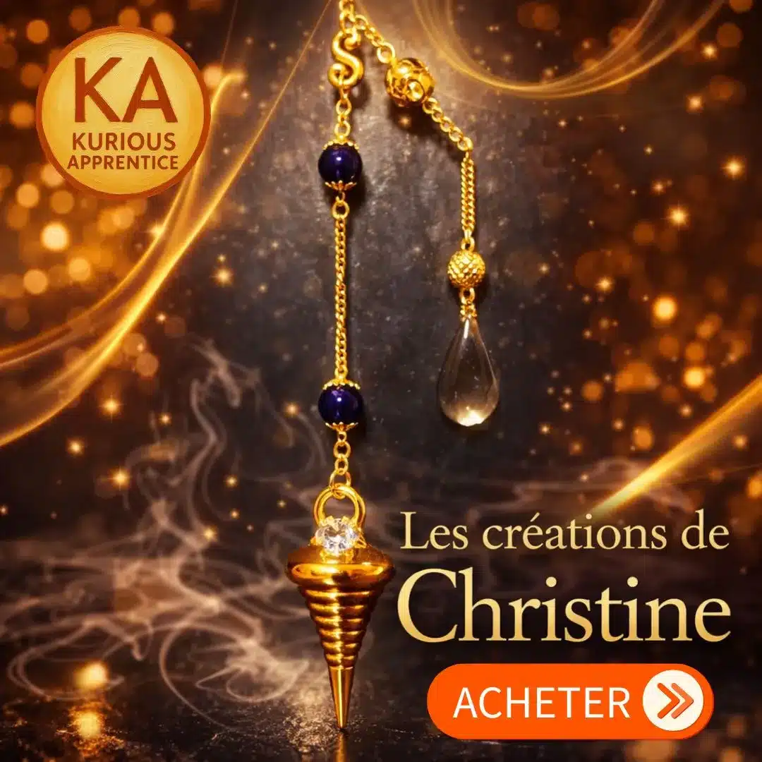 Pendule divinatoire fait main Les créations de Christine avec chaîne dorée, pierres de lithothérapie et boutique Kurious Apprentice
