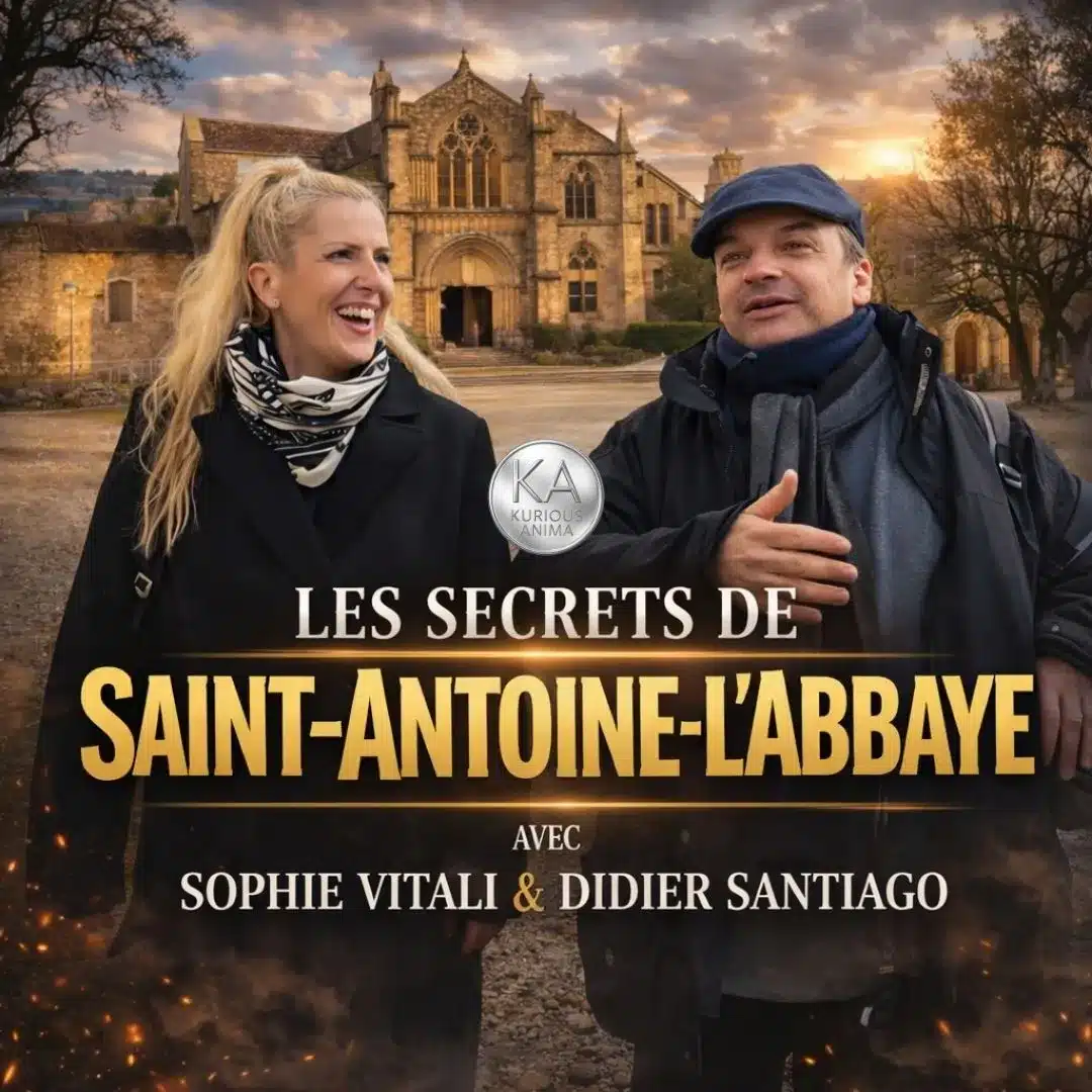 Sophie Vitali et Didier Santiago devant l’abbaye de Saint-Antoine-l’Abbaye en Isère pour l’émission Les Secrets de Saint-Antoine-l’Abbaye sur Kurious Anima