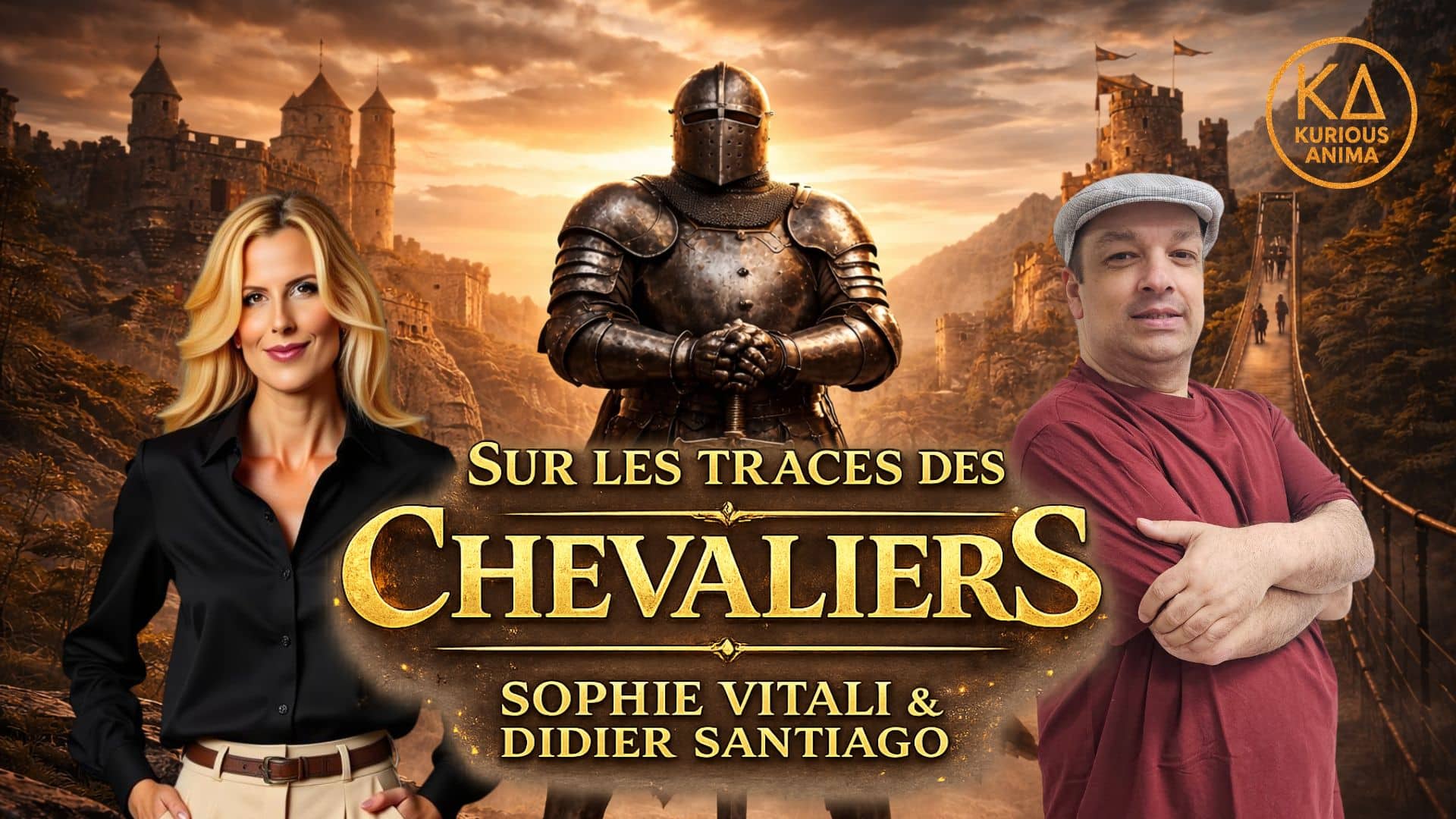 Sophie Vitali et Didier Santiago dans le visuel de l’émission Sur les traces des chevaliers, une aventure Kurious Anima consacrée aux chevaliers, châteaux et légendes médiévales.