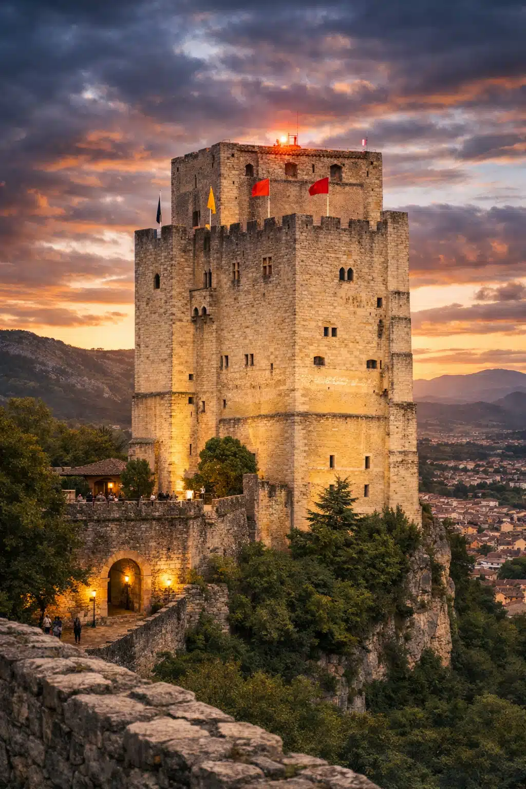 Tour de Crest dans la Drôme au coucher de soleil, plus haut donjon de France, ancienne forteresse médiévale et prison d’État