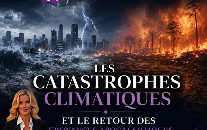 Catastrophes climatiques et croyances apocalyptiques analysées par Sophie Vitali, avec tempête, inondation et incendie symbolisant l’apocalypse climatique.