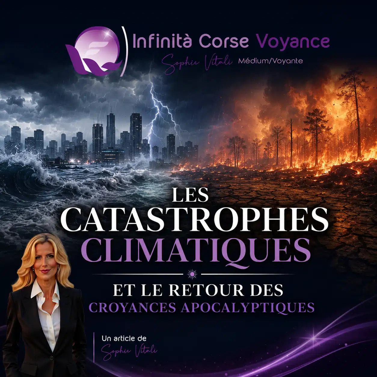 Catastrophes climatiques et croyances apocalyptiques analysées par Sophie Vitali, avec tempête, inondation et incendie symbolisant l’apocalypse climatique.