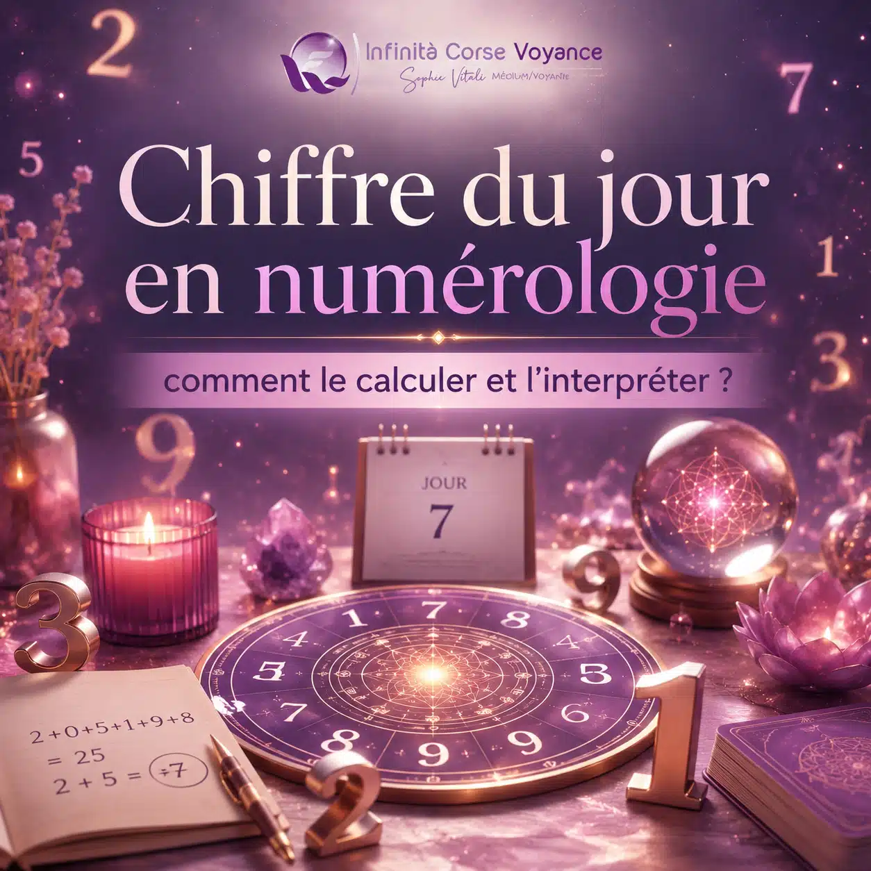 Illustration du chiffre du jour en numérologie avec nombres, calendrier et roue numérologique pour calculer et interpréter l’énergie de la journée