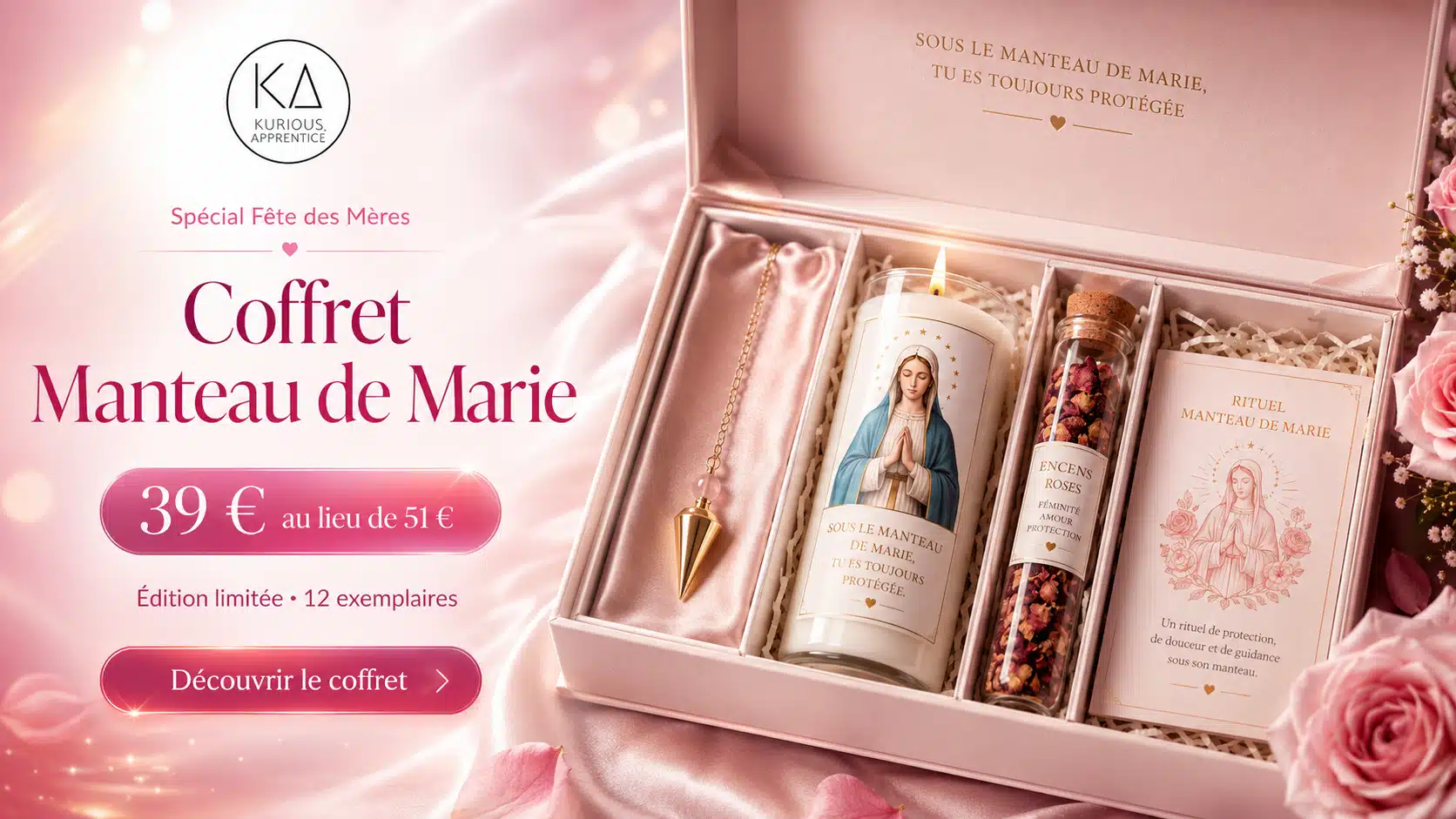 Coffret Manteau de Marie pour la Fête des Mères avec pendule, bougie de la Vierge Marie, encens rose et carte rituelle chez Kurious Apprentice
