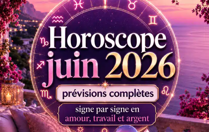 Image principale de l’horoscope juin 2026 avec roue astrologique, signes du zodiaque, ambiance estivale lumineuse et univers spirituel d’Infinità Corse Voyance par Sophie Vitali.